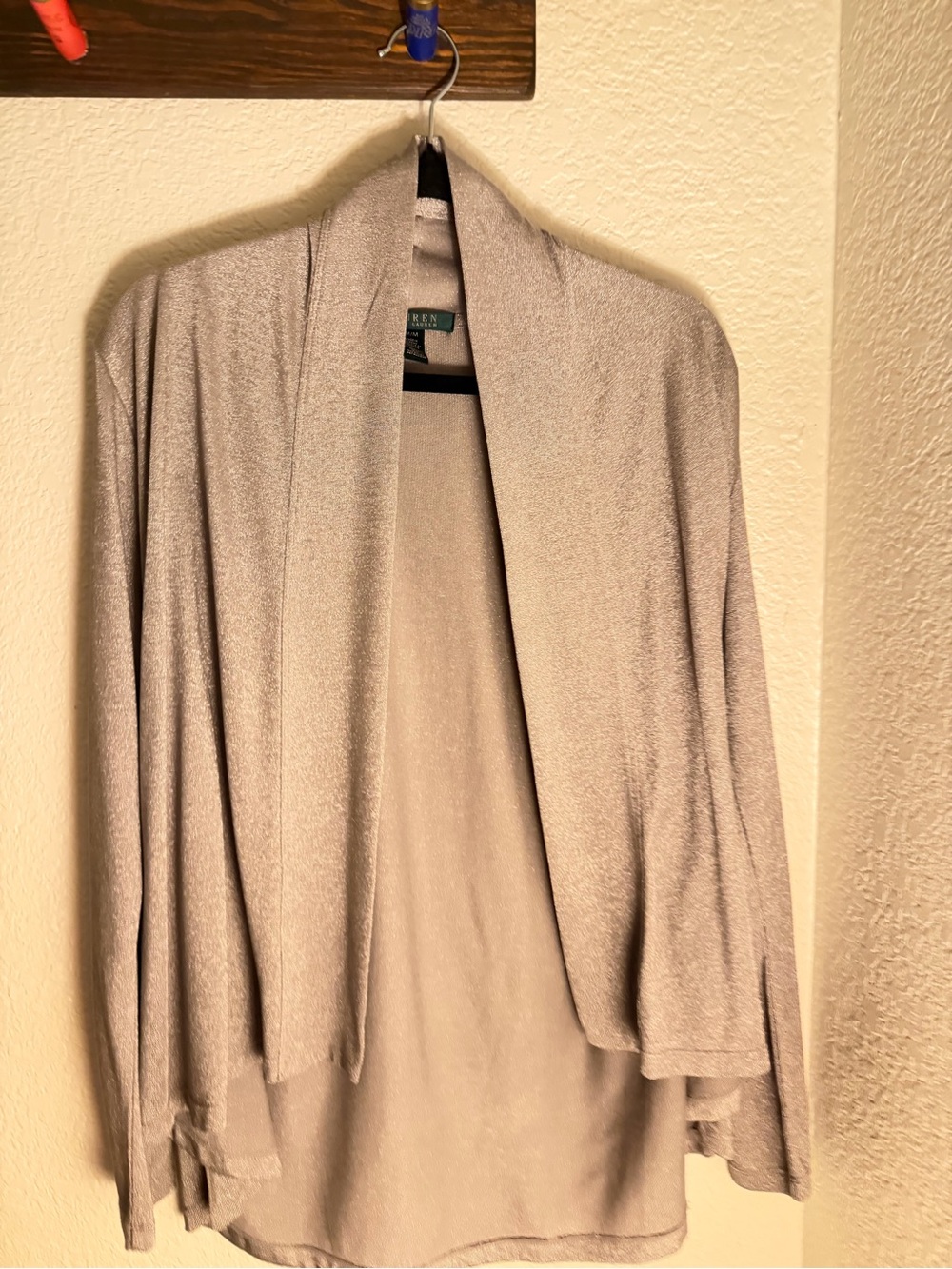 Lauren Ralph Lauren Gray Metallic Shimmer Open-Front Cardigan